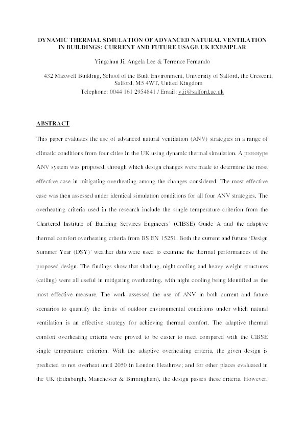 Dynamic thermal simulation of advanced natural ventilation in buildings : current and future usage, UK exemplar Thumbnail