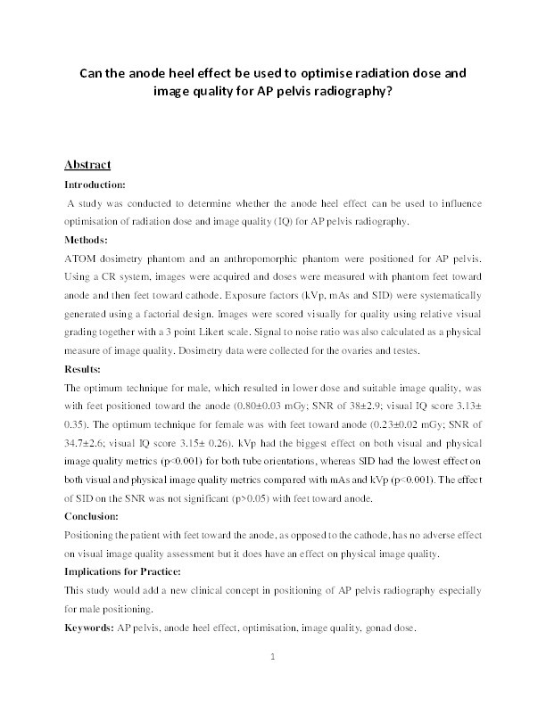 Can the anode heel effect be used to optimise radiation dose and image quality for AP pelvis radiography? Thumbnail