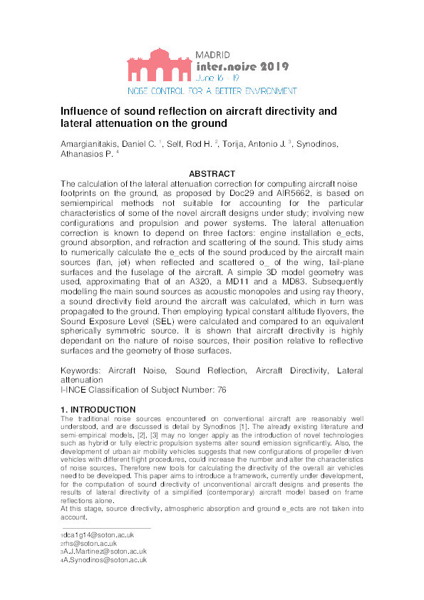Influence of sound reflection on aircraft directivity and
lateral attenuation on the ground Thumbnail