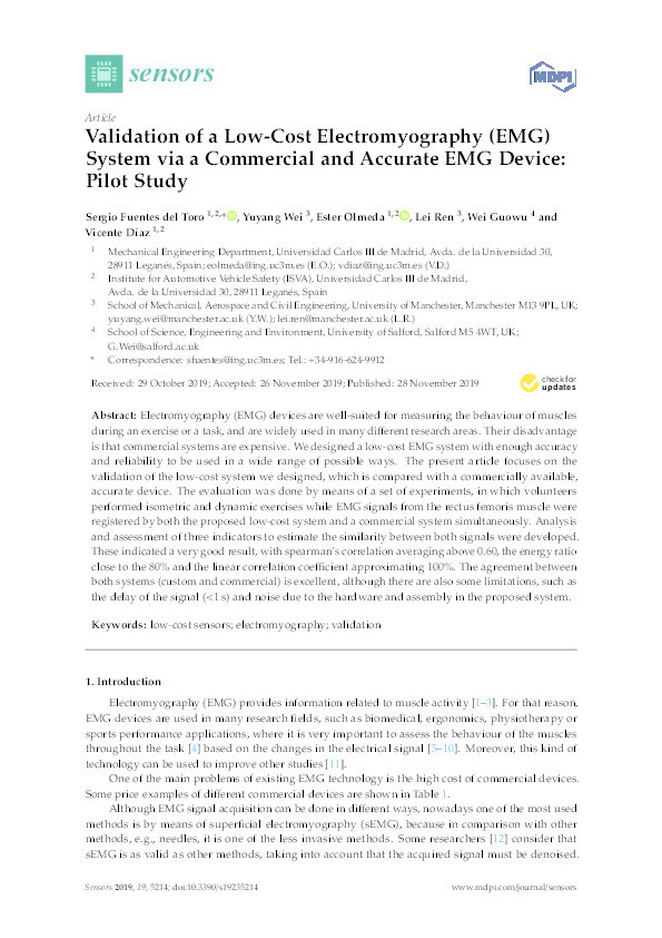 Validation of a low-cost Electromyography (EMG) system via a commercial and accurate EMG device : pilot study Thumbnail