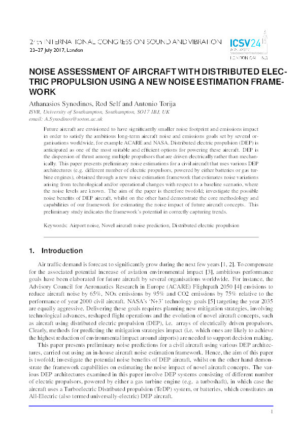 Noise assessment of aircraft with distributed electric propulsion using a new noise estimation framework Thumbnail