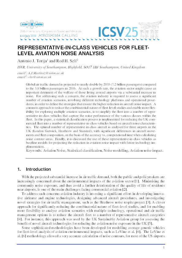 Representative-in-class vehicles for fleet-level aviation noise analysis Thumbnail