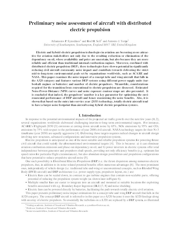Preliminary noise assessment of aircraft with distributed electric propulsion Thumbnail