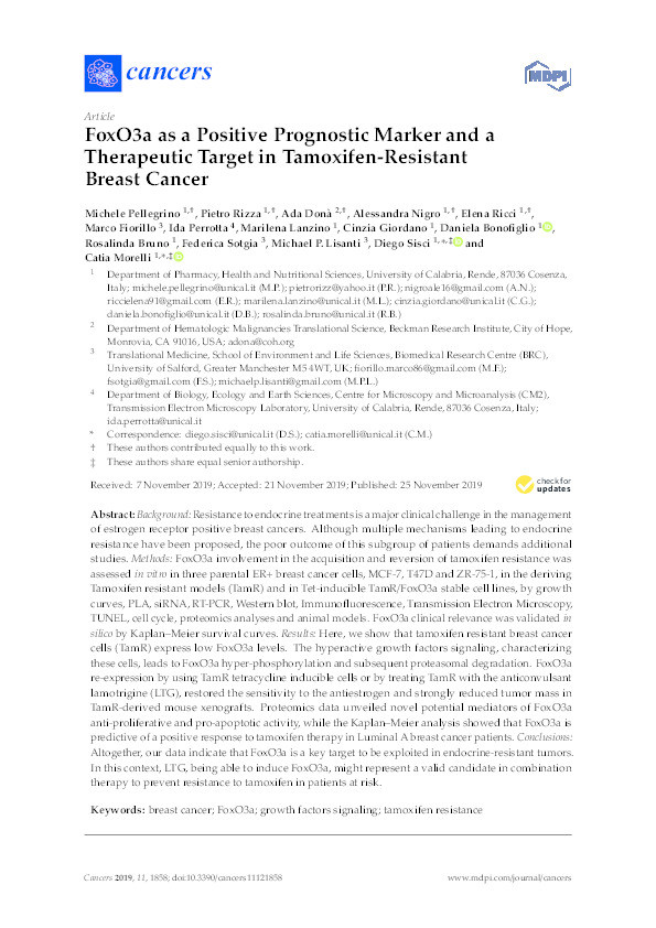 FoxO3a as a positive prognostic marker and a therapeutic target in Tamoxifen-resistant breast cancer Thumbnail