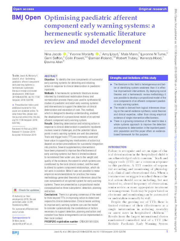 Optimising paediatric afferent component early warning systems : a hermeneutic systematic literature review and model development Thumbnail