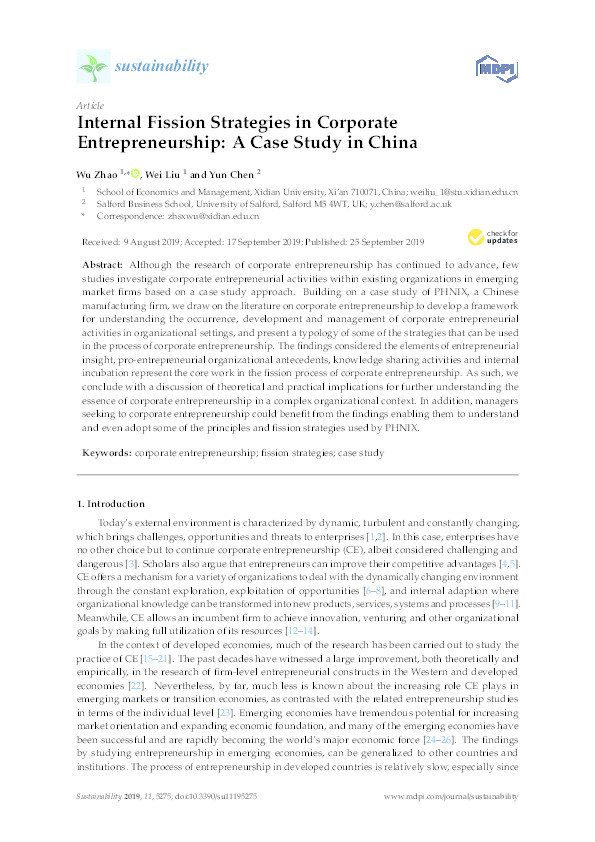 Internal fission strategies in corporate entrepreneurship : a case study in China Thumbnail