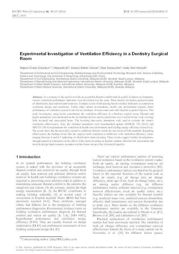 Experimental investigation of ventilation efficiency in a dentistry surgical room Thumbnail