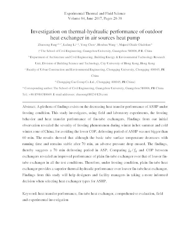 Investigation on thermal-hydraulic performance of outdoor heat exchanger in air sources heat pump Thumbnail