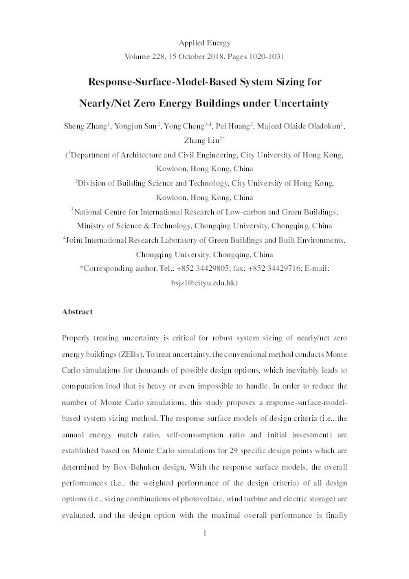 Response-surface-model-based system sizing for nearly/net zero energy buildings under uncertainty Thumbnail