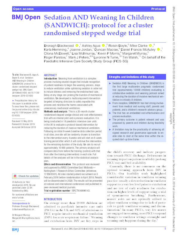 Sedation AND Weaning In Children (SANDWICH) : protocol for a cluster randomised stepped wedge trial. Thumbnail