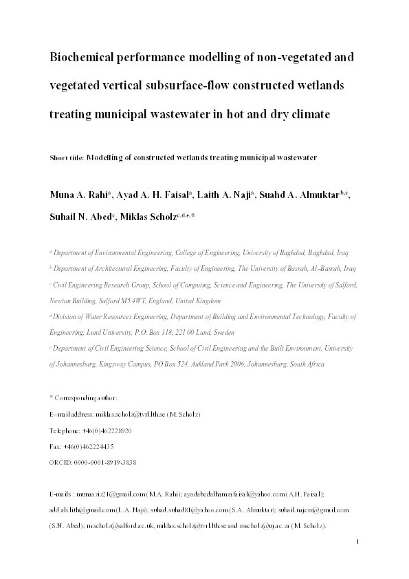 Biochemical performance modelling of non-vegetated and vegetated vertical subsurface-flow constructed wetlands treating municipal wastewater in hot and dry climate Thumbnail