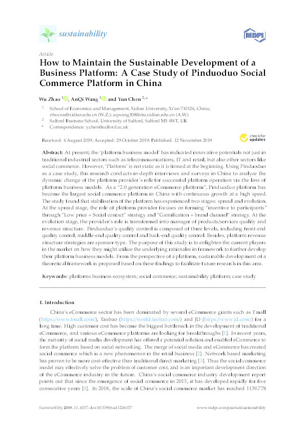 How to maintain the sustainable development of a business platform : a case study of Pinduoduo social commerce platform in China Thumbnail