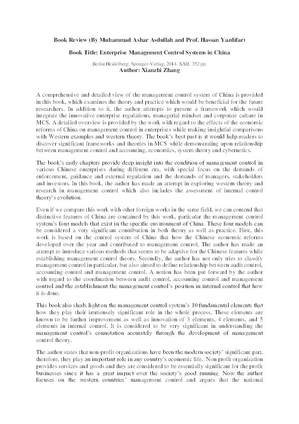 Book review: Zhang, X., Yang, E., & Thomas, N: Enterprise Management Control Systems in China Thumbnail