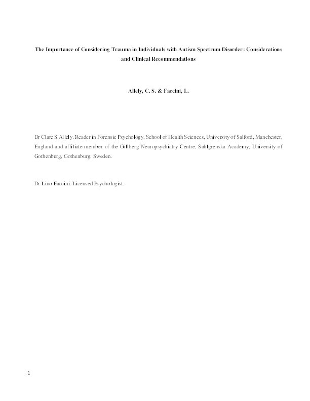 The importance of considering trauma in individuals with Autism Spectrum Disorder : considerations and clinical recommendations Thumbnail