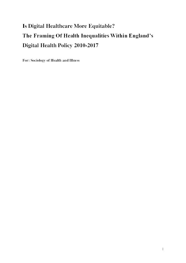 Is digital health care more equitable? The framing of health inequalities within England's digital health policy 2010–2017 Thumbnail