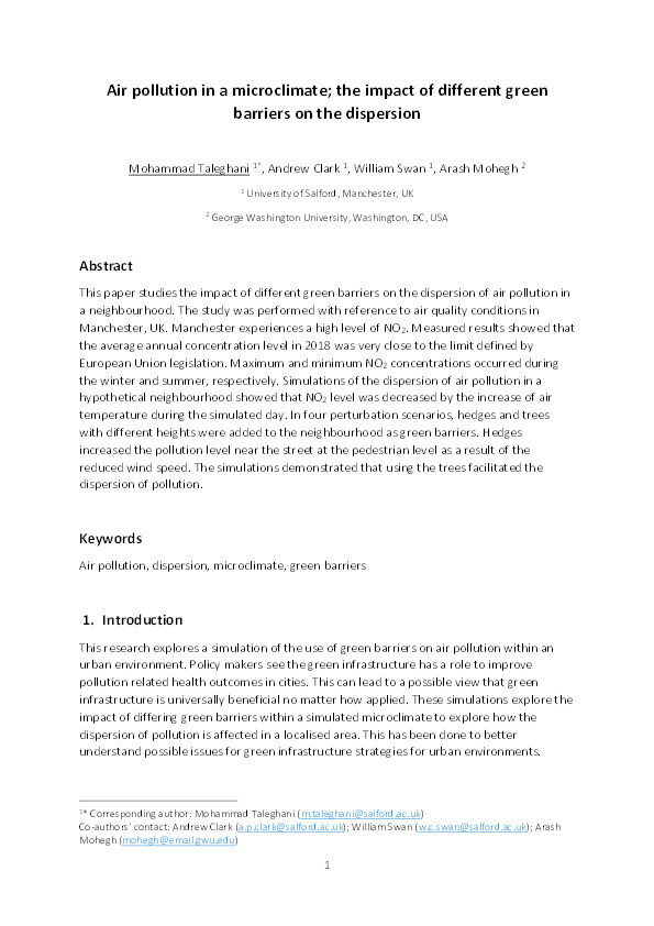 Air pollution in a microclimate; the impact of different green barriers on the dispersion Thumbnail