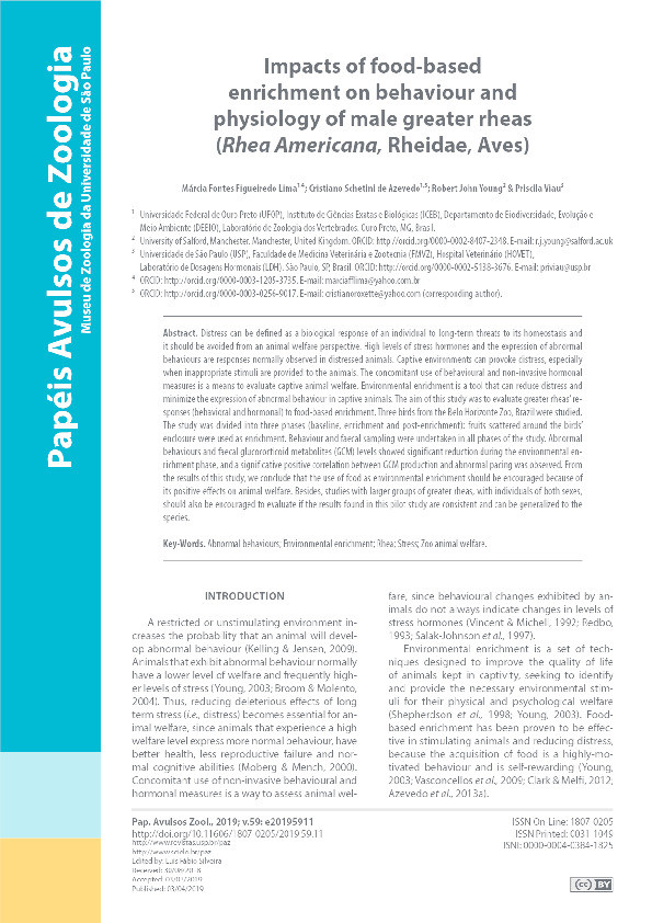 Impacts of food-based enrichment on behaviour and physiology of male greater rheas (Rhea Americana, Rheidae, Aves) Thumbnail