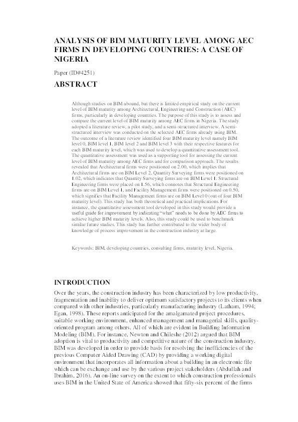 Analysis of BIM maturity level among AEC firms in developing countries : a case of Nigeria Thumbnail