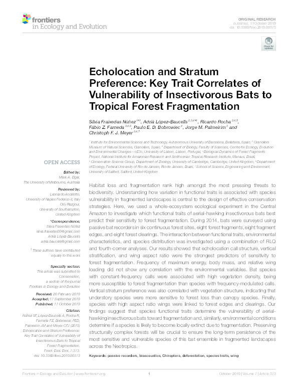 Echolocation and stratum preference : key trait correlates of vulnerability of insectivorous bats to tropical forest fragmentation Thumbnail