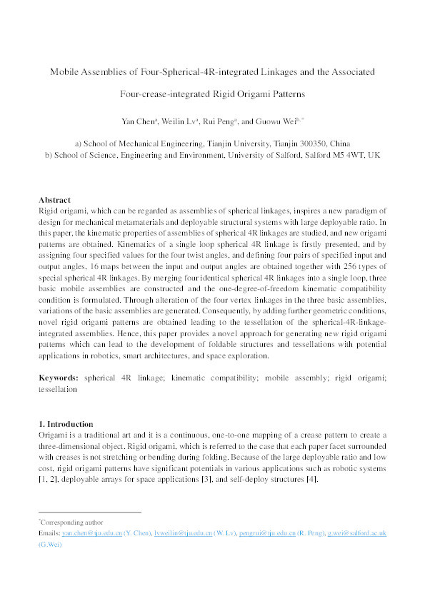 Mobile assemblies of four-spherical-4R-integrated linkages and the associated four-crease-integrated rigid origami patterns Thumbnail