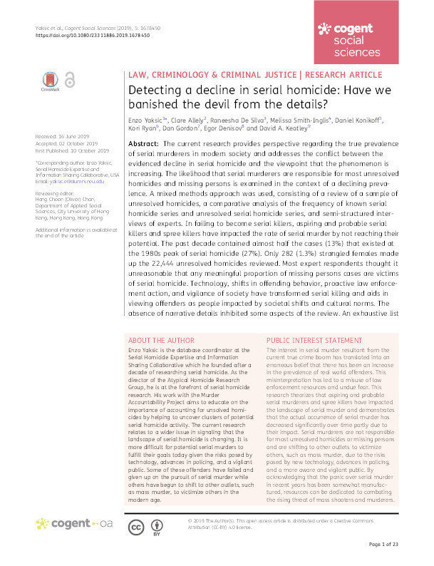 Detecting a decline in serial homicide : have we banished the devil from the details? Thumbnail