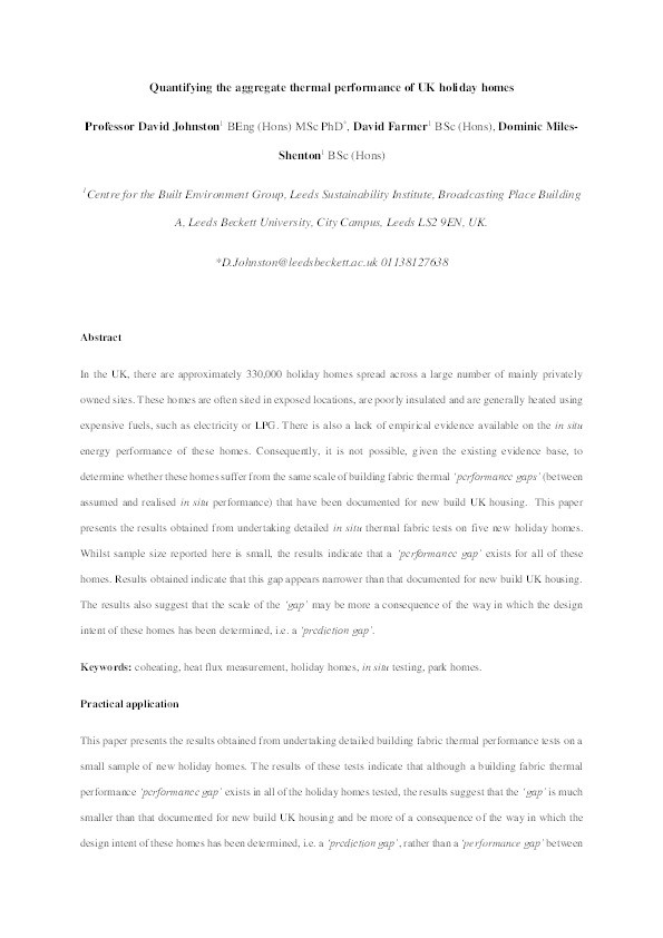 Quantifying the aggregate thermal performance of UK holiday homes Thumbnail
