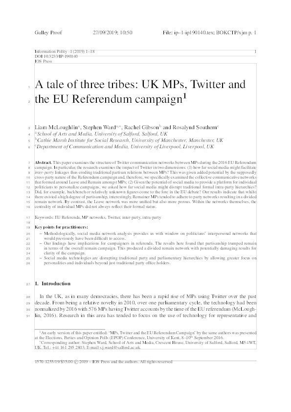 A tale of three tribes : UK MPs, Twitter and the EU Referendum Thumbnail