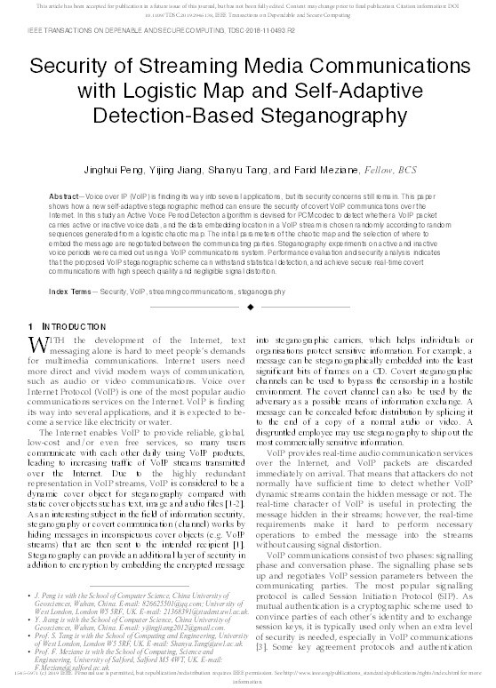 Security of Streaming Media Communications with Logistic Map and Self-Adaptive Detection-Based Steganography Thumbnail