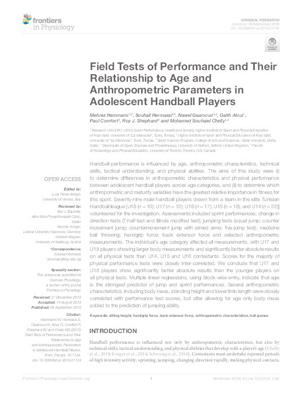 Field tests of performance and their relationship to age and anthropometric parameters in adolescent handball players Thumbnail
