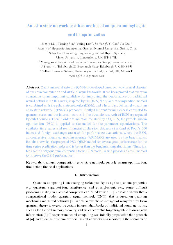 An echo state network architecture based on quantum logic gate and its optimization Thumbnail