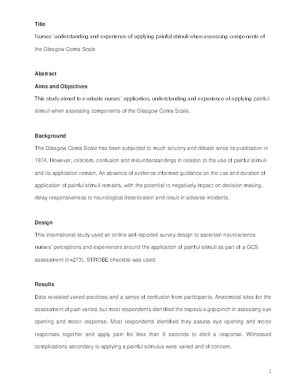 Nurses' understanding and experience of applying painful stimuli when assessing components of the Glasgow Coma Scale Thumbnail