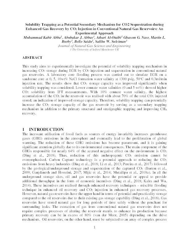 Solubility trapping as a potential secondary mechanism for CO2 sequestration during enhanced gas recovery by CO2 injection in conventional natural gas reservoirs : an experimental approach Thumbnail