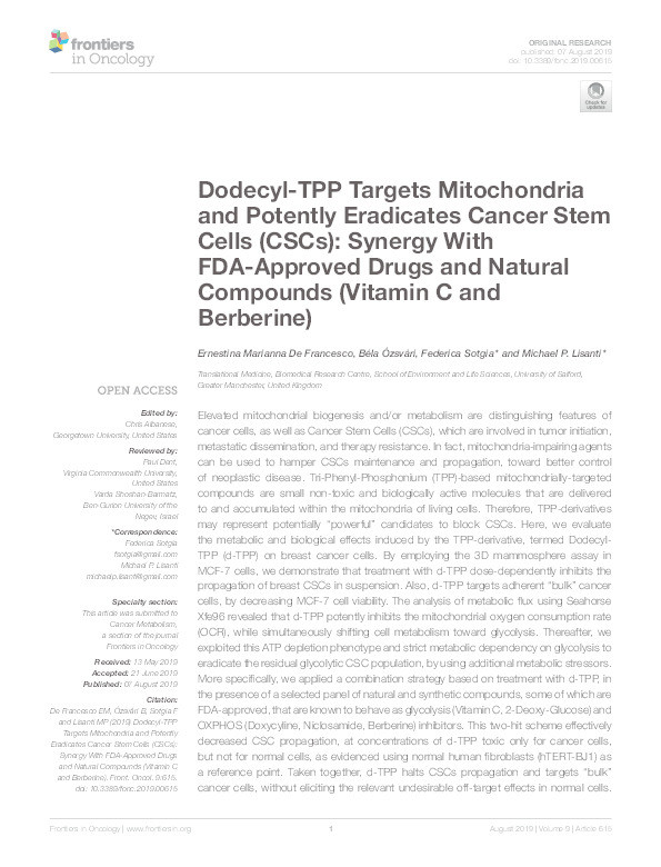 Dodecyl-TPP Targets Mitochondria and Potently Eradicates Cancer Stem Cells (CSCs): Synergy With FDA-Approved Drugs and Natural Compounds (Vitamin C and Berberine). Thumbnail