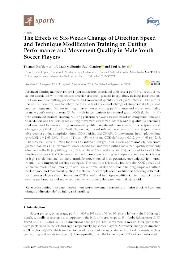 The effects of six-weeks change of direction speed and technique modification training on cutting performance and movement quality in male youth soccer players. Thumbnail