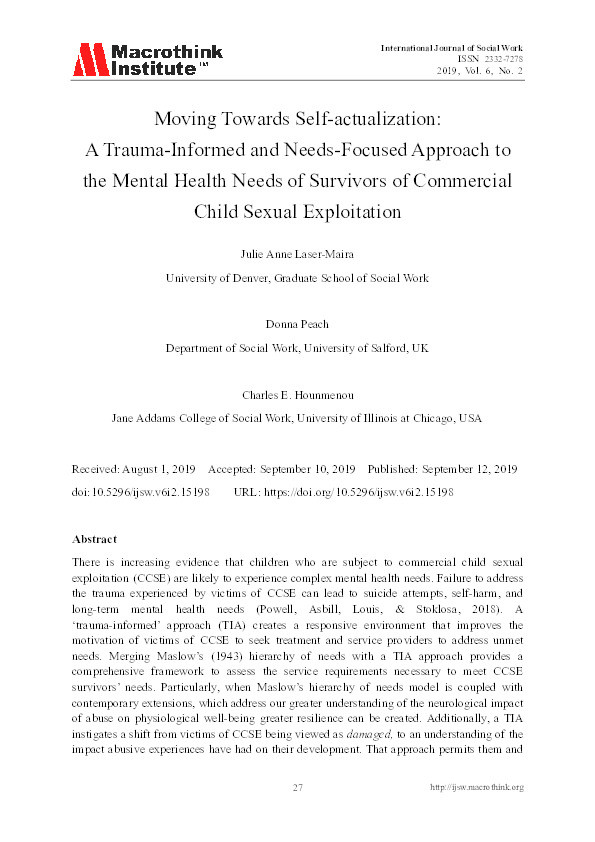 Moving towards self-actualization :  a trauma-informed and needs-focused approach to the mental health needs of survivors of commercial child sexual exploitation Thumbnail