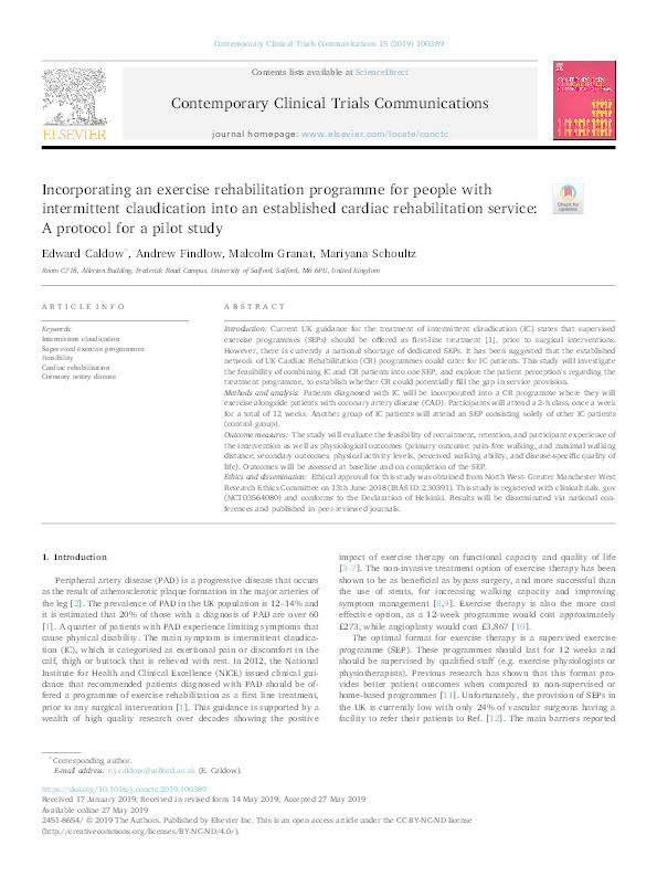 Incorporating an exercise rehabilitation programme for people with intermittent claudication into an established cardiac rehabilitation service : a protocol for a pilot study. Thumbnail