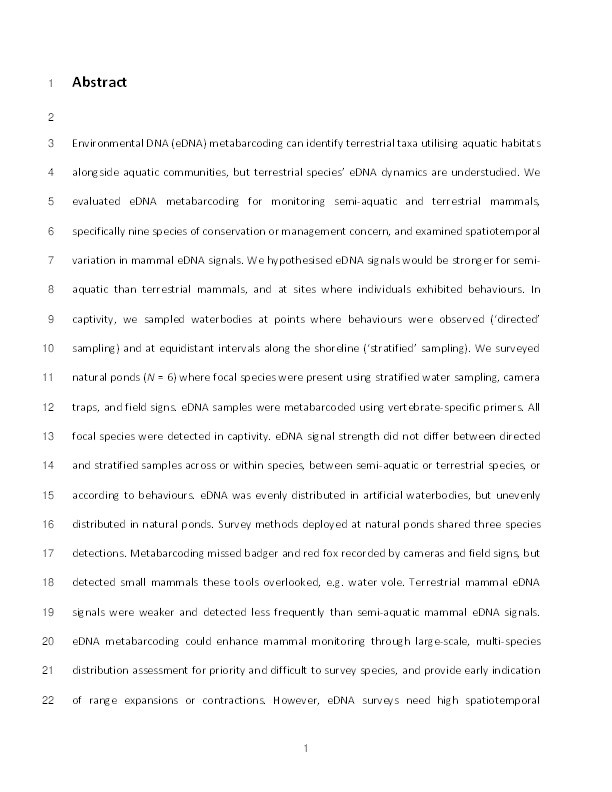 Environmental DNA (eDNA) metabarcoding of pond water as a tool to survey conservation and management priority mammals Thumbnail