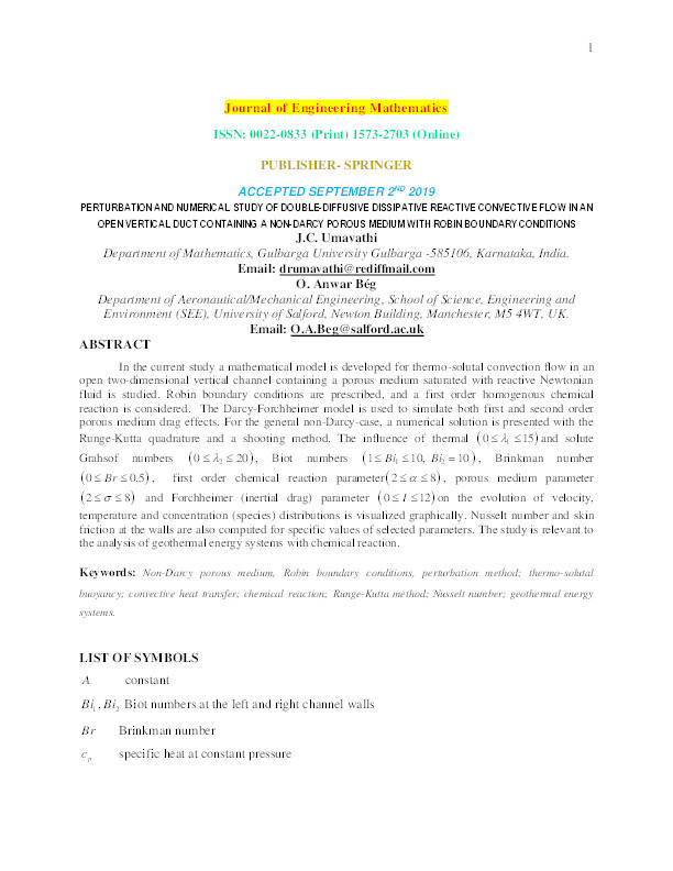 Perturbation and numerical study of double-diffusive dissipative reactive convective flow in an open vertical duct containing a non-darcy porous medium with robin boundary conditions Thumbnail