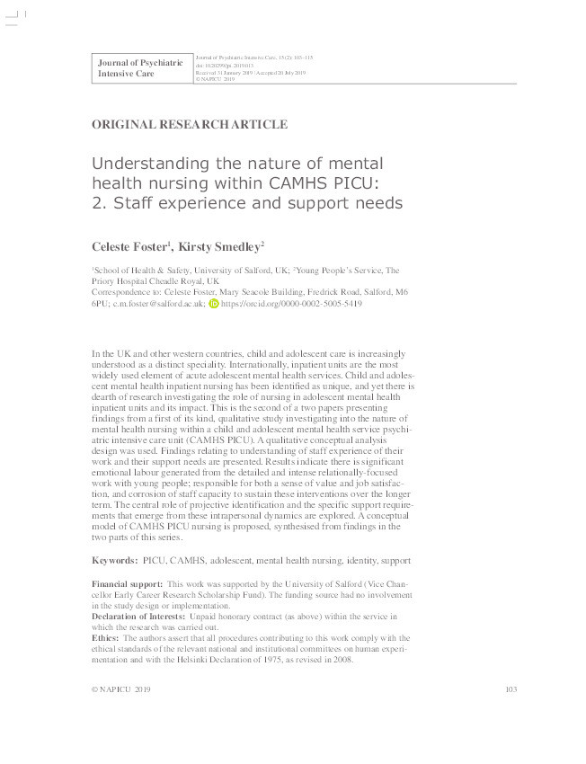Understanding the nature of mental health nursing within CAMHS PICU: 2. Staff experience and support needs Thumbnail