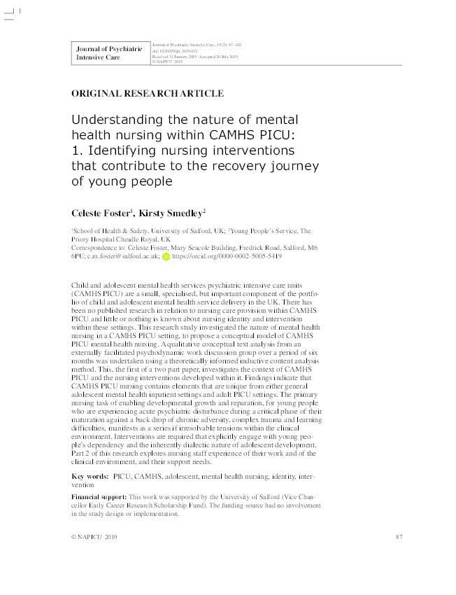 Understanding the nature of mental health nursing within CAMHS PICU: 1. Identifying nursing interventions that contribute to the recovery journey of young people Thumbnail