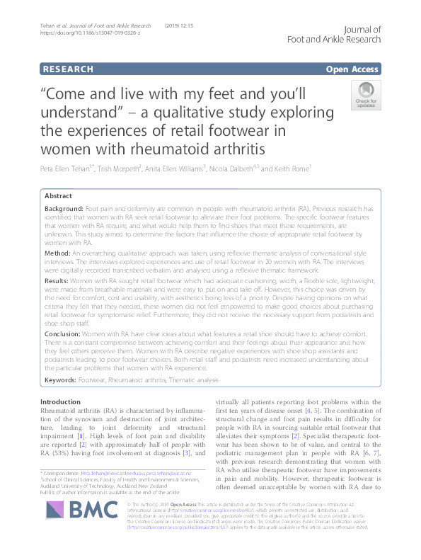 “Come and live with my feet and you’ll understand”–a qualitative study exploring the experiences of retail footwear in women with rheumatoid arthritis Thumbnail