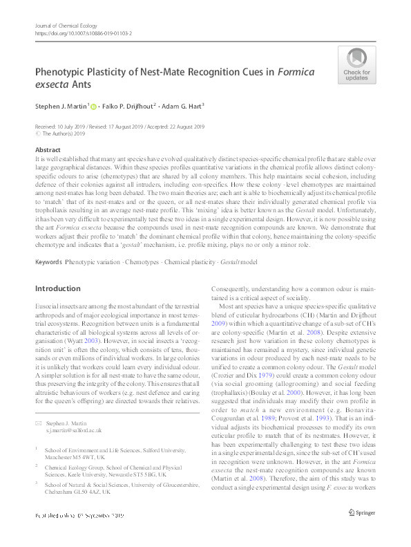 Phenotypic plasticity of nest-mate recognition cues in formica exsecta ants Thumbnail