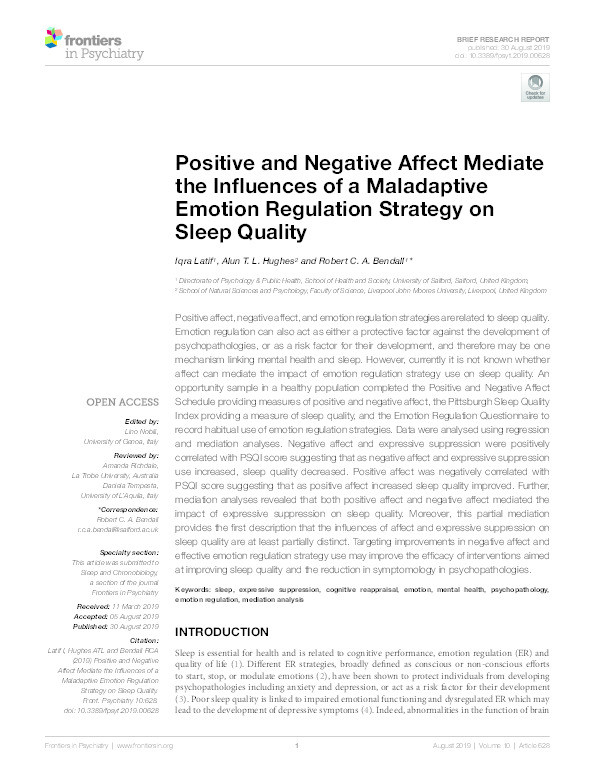 Positive and negative affect mediate the influences of a maladaptive emotion regulation strategy on sleep quality Thumbnail
