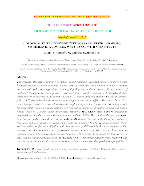 Biological interactions between carreau fluid and micro-swimmers in a complex wavy canal with MHD effects Thumbnail