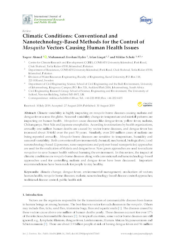 Climatic conditions : conventional and nanotechnology-based methods for the control of mosquito vectors causing human health issues Thumbnail