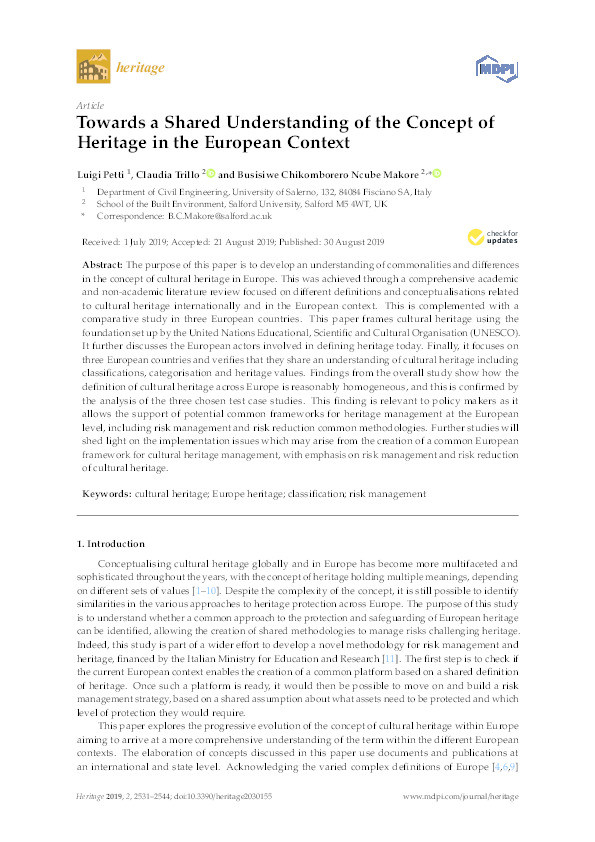 Towards a shared understanding of the concept of
heritage in the European context Thumbnail