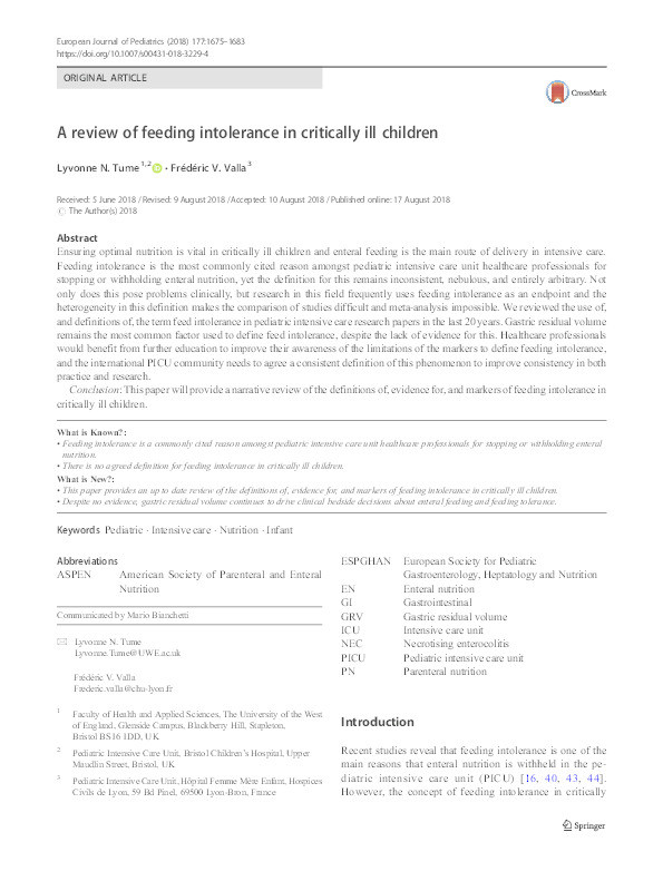 A review of feeding intolerance in critically ill children Thumbnail