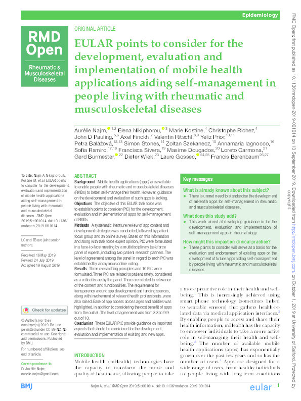 EULAR points to consider for the development, evaluation and implementation of mobile health applications aiding self-management in people living with rheumatic and musculoskeletal diseases Thumbnail