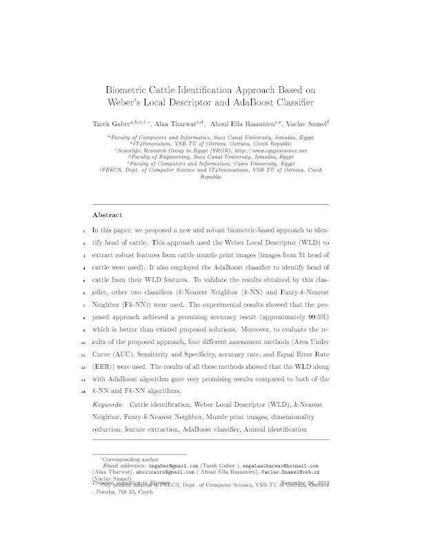 Biometric cattle identification approach based on Weber's local descriptor and AdaBoost classifier Thumbnail