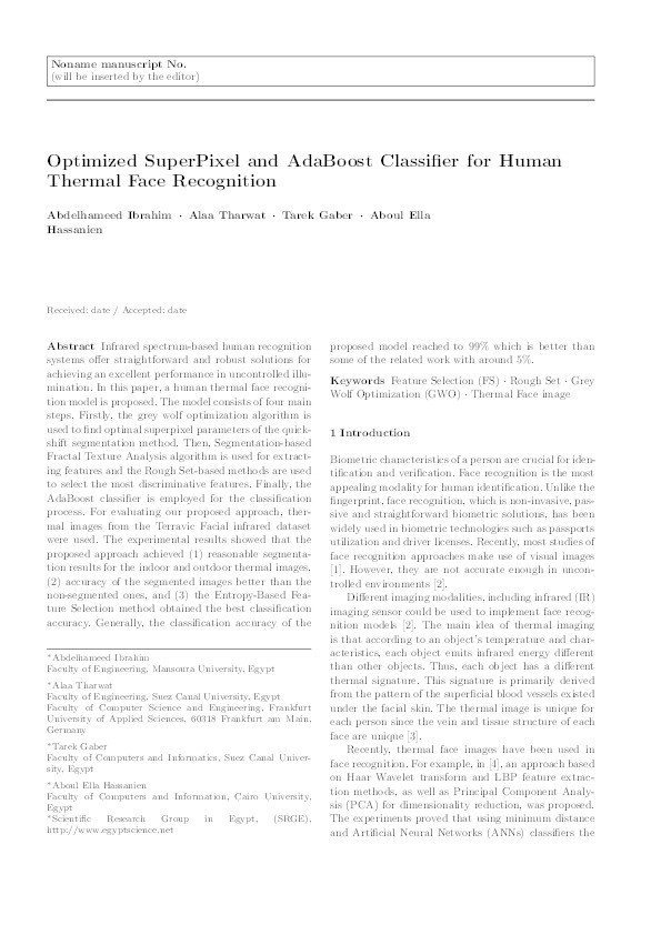 Optimized superpixel and AdaBoost classifier for human thermal face recognition Thumbnail